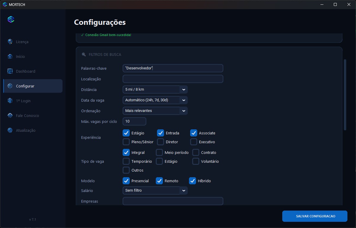 Tela de configuração da MorTech com campos para definir filtros da busca